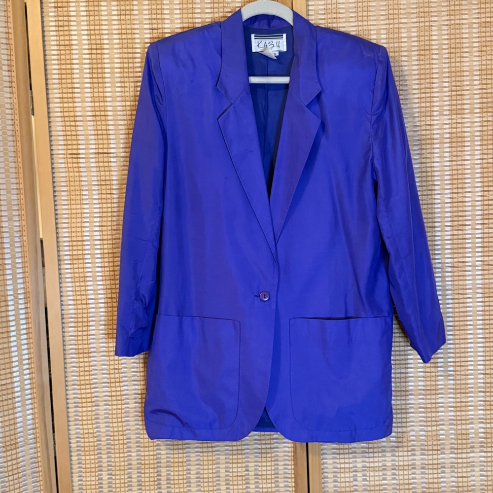 Kazu Vintage 100% Silk Blazer Jacket Purple Longline Single Button Womens Small